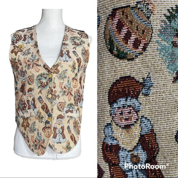 Christmas Snowman Santa Star Vest Vintage MNLY Beige Tan Claus EUC M - Picture 1 of 12